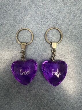 Purple Heart Keychain Set with 'Grace' and 'Faith'